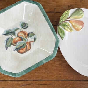 Serving Dishes Made In Italy Embossed Pear Platter And Peach Bowl Painted Raised